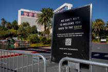 A sign blocks the entrance of the Mirage along the Las Vegas Strip on Wednesday, Aug. 12, 2020. ...