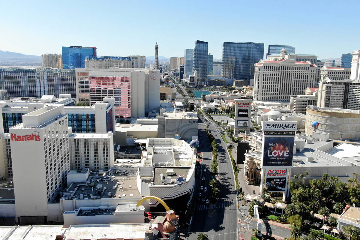 An aerial photo of the Las Vegas Strip on Monday, March 30, 2020. (Michael Quine/Las Vegas Revi ...