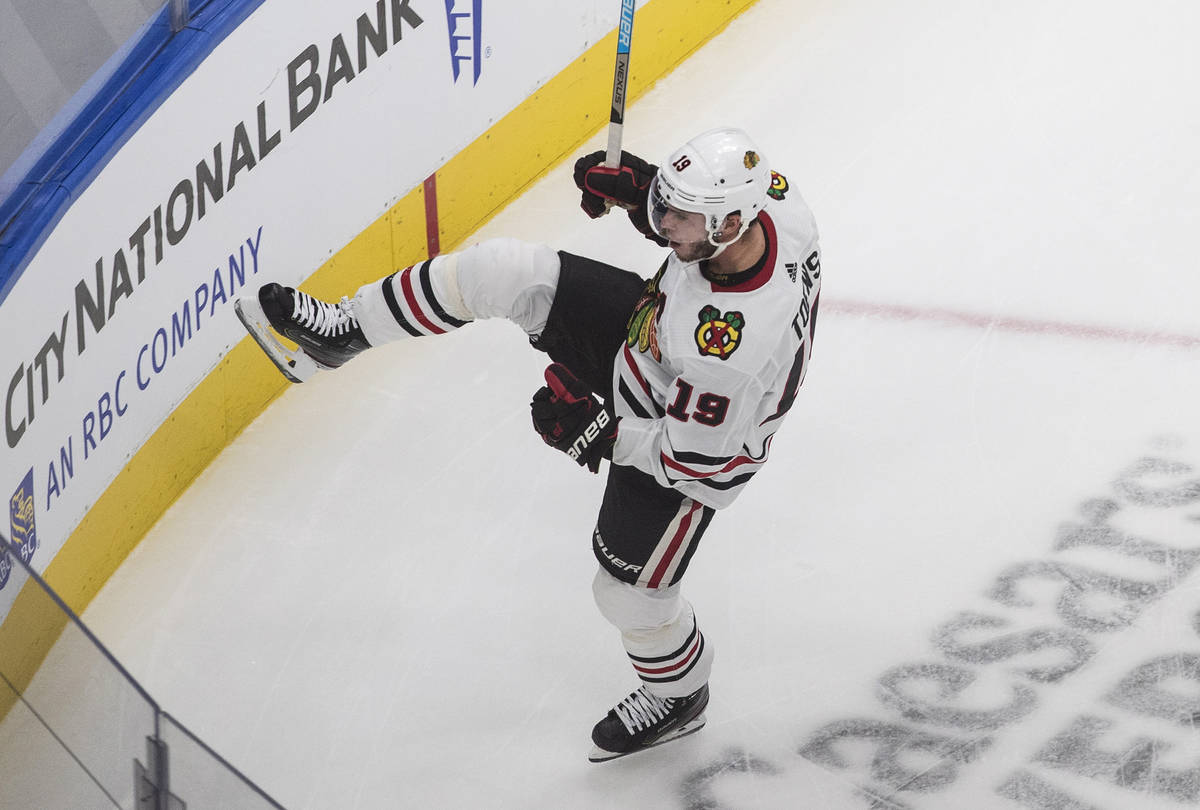 Chicago Blackhawks' Jonathan Toews celebrates a goal against the Vegas Golden Knights during th ...