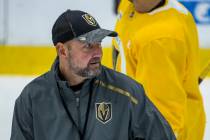 Vegas Golden Knights head coach Peter DeBoer looks to his players during practice at the City N ...