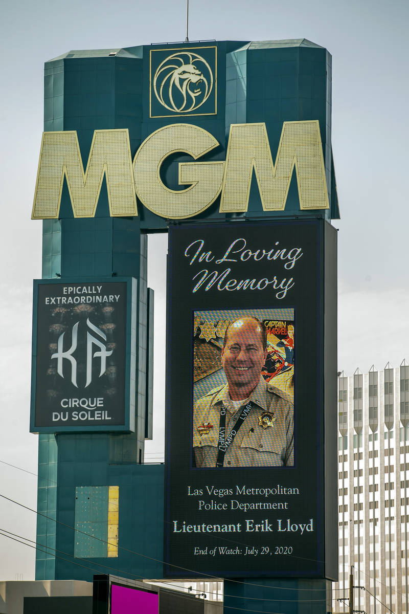 The marquee at the MGM recognizes the passing of Metro Lt. Erik Lloyd as his funeral procession ...