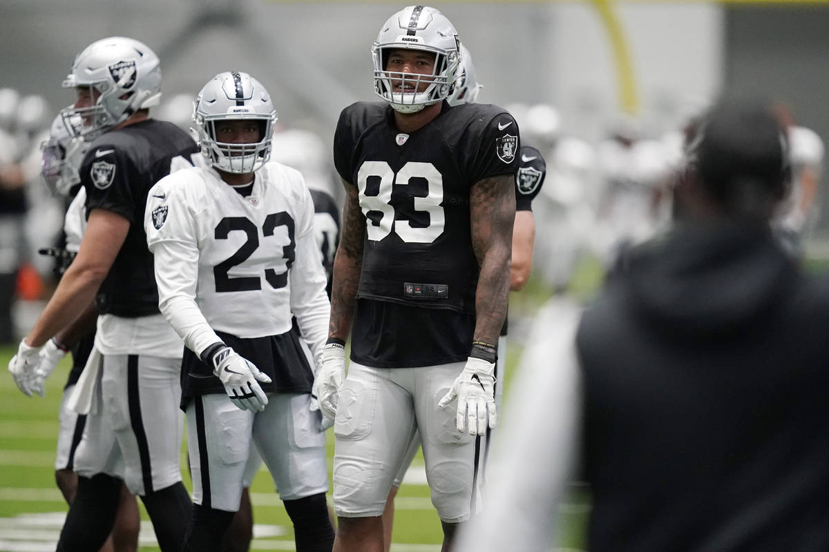 Las Vegas Raiders tight end Darren Waller (83) attends an NFL football training camp practice M ...