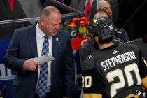 Vegas Golden Knights head coach Gerard Gallant talks to Vegas Golden Knights center Chandler St ...