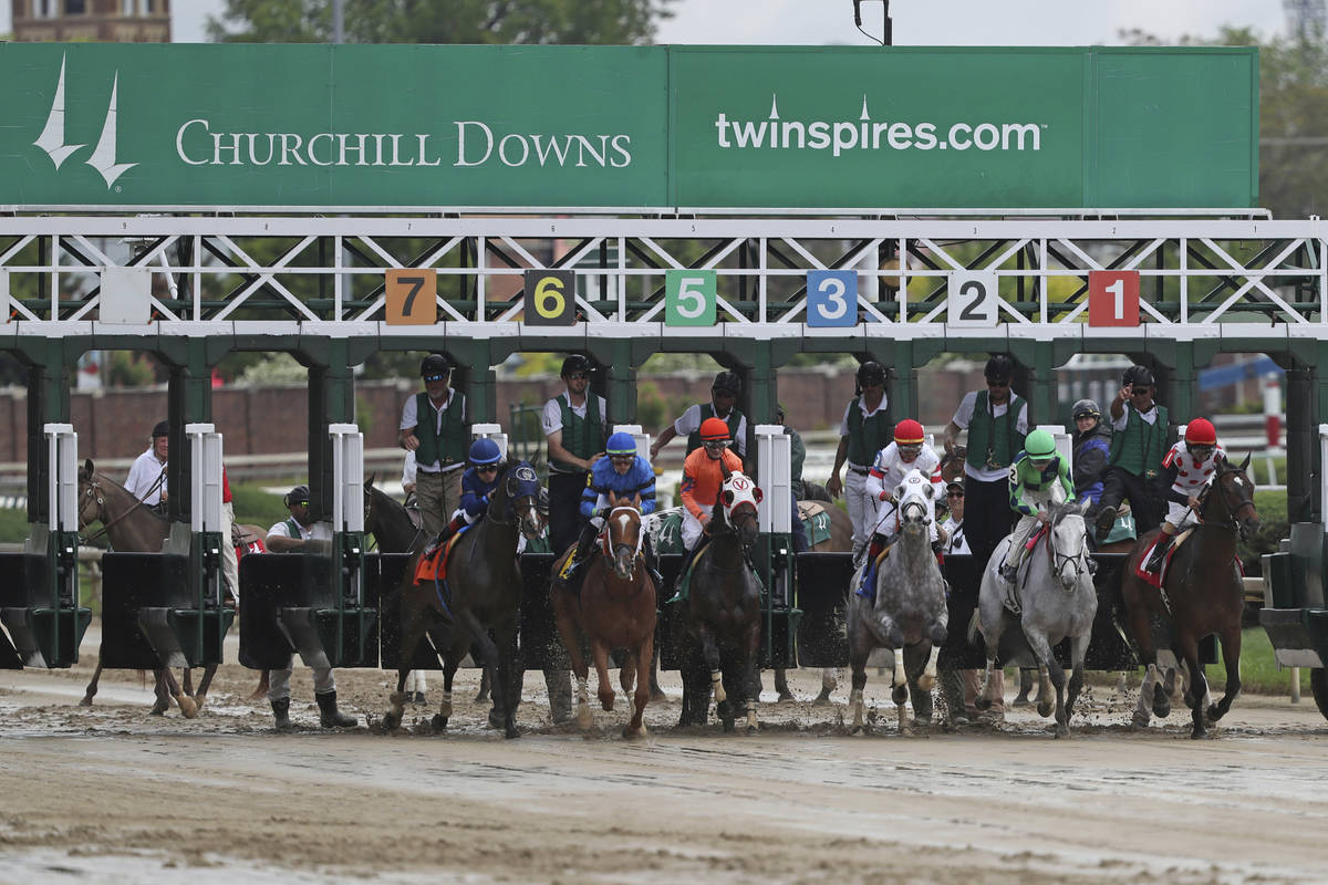 Horses break from the starting gate at Churchill Downs Thursday, May 2, 2019, in Louisville, Ky ...