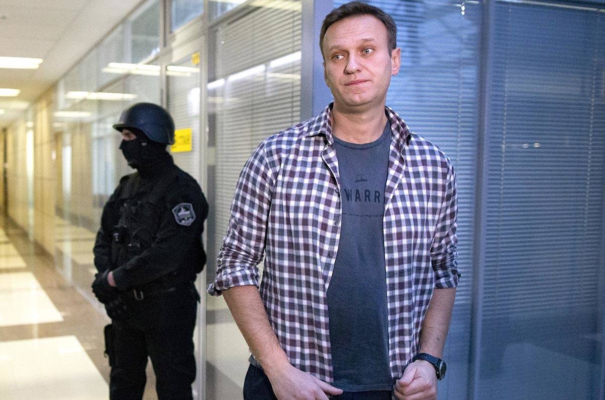 In a Dec. 26, 2019, file photo, Russian opposition leader Alexei Navalny speaks to the media in ...