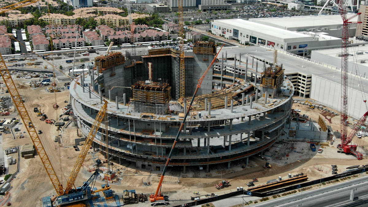An aerial photo of the construction site at the MSG Sphere with much of the scaffolding removed ...
