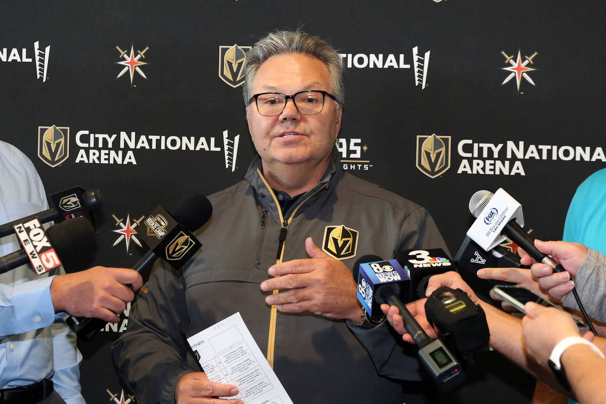 Kelly McCrimmon, Golden Knights general manager, speaks to the media at City National Arena on ...