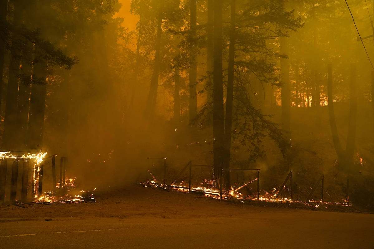 A property is ravaged by the CZU August Lightning Complex Fire, Thursday, Aug. 20, 2020, in Bon ...