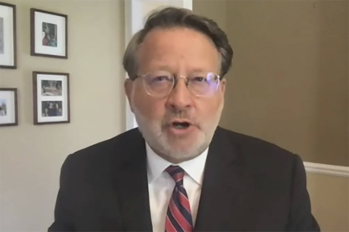 In this image from video, Committee Ranking Member Sen. Gary Peters, D-Mich., speaks during a v ...