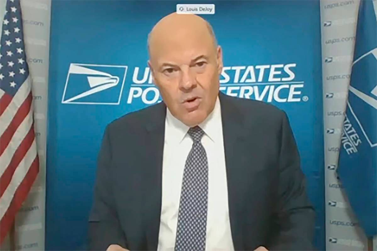 In this image from video, U.S. Postmaster General Louis DeJoy testifies during a virtual hearin ...