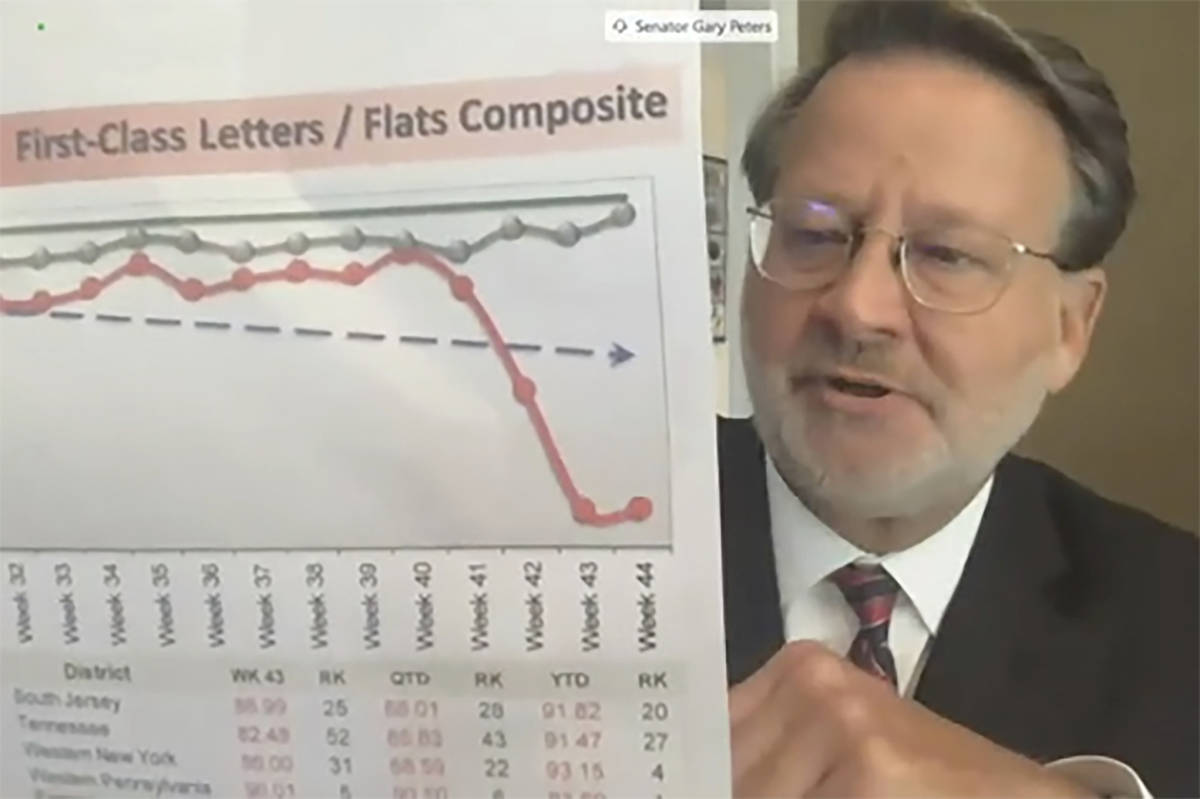 In this image from video, Committee Ranking Member Sen. Gary Peters, D-Mich., shows a chart and ...