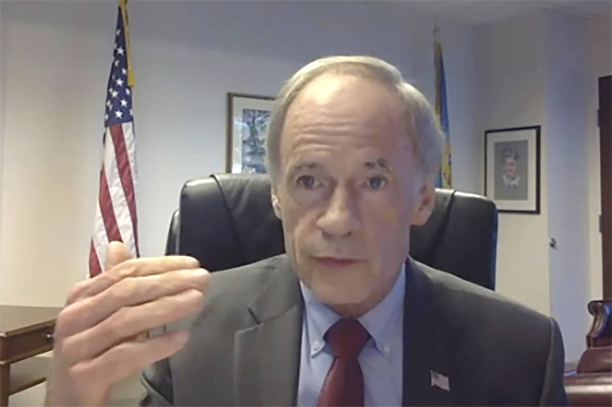 In this image from video, Sen. Tom Carper, D-Del, speaks during a virtual video hearing before ...