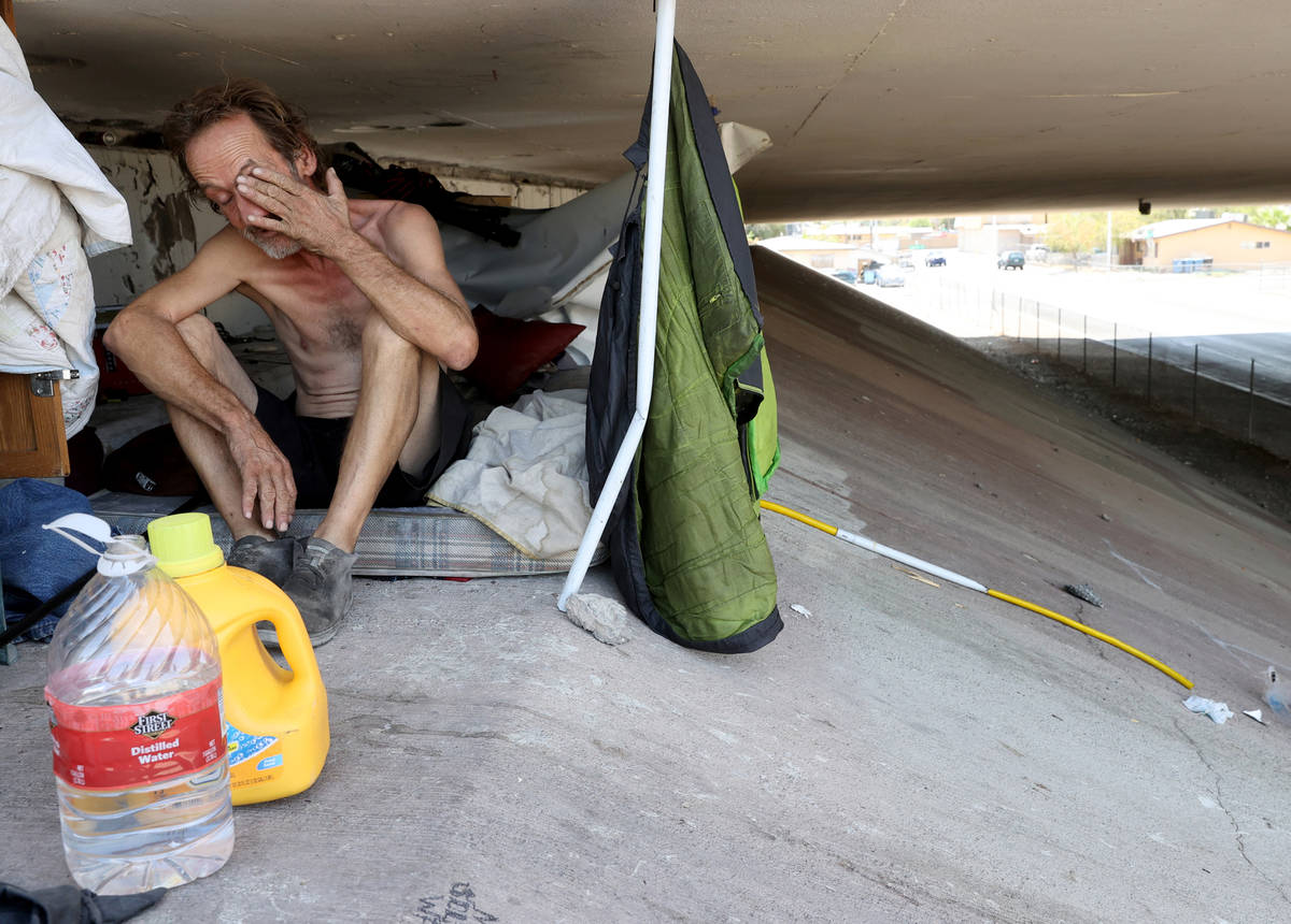 Aaron DeWees, 52, stays cool under a freeway overpass on 21st Street near Elm Avenue in Las Veg ...