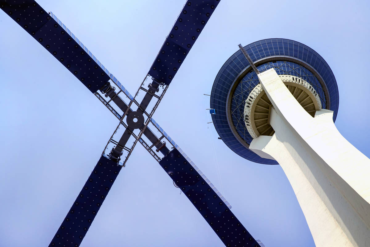 Construction continues of the 80-foot-tall gateway arch over Las Vegas Boulevard by The Strat o ...