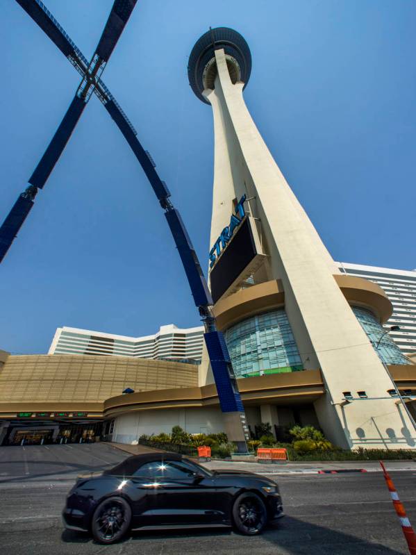 Construction continues of the 80-foot-tall gateway arch over Las Vegas Boulevard by The Strat o ...