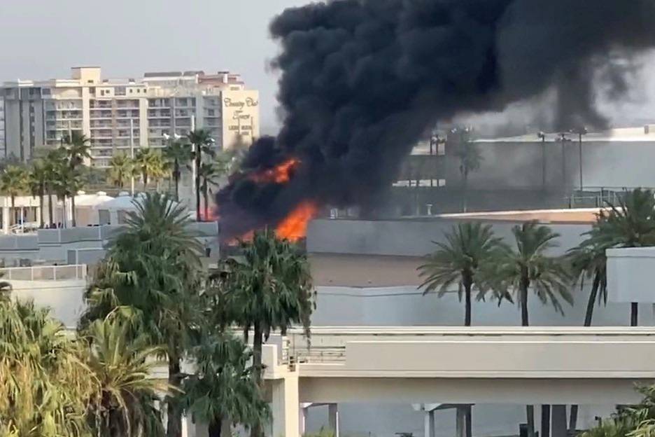 A fire burns at the Westgate in Las Vegas on Friday, Aug. 21, 2020. (John Kastsilometes/Las Veg ...