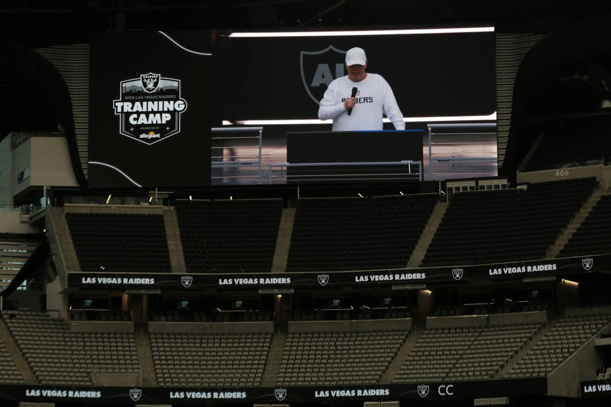 Las Vegas Raiders owner Mark Davis addresses the team before a team practice at Allegiant Stadi ...