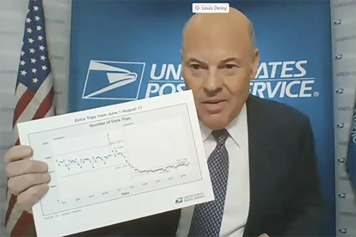 In this image from video, U.S. Postmaster General Louis DeJoy testifies during a video virtual ...