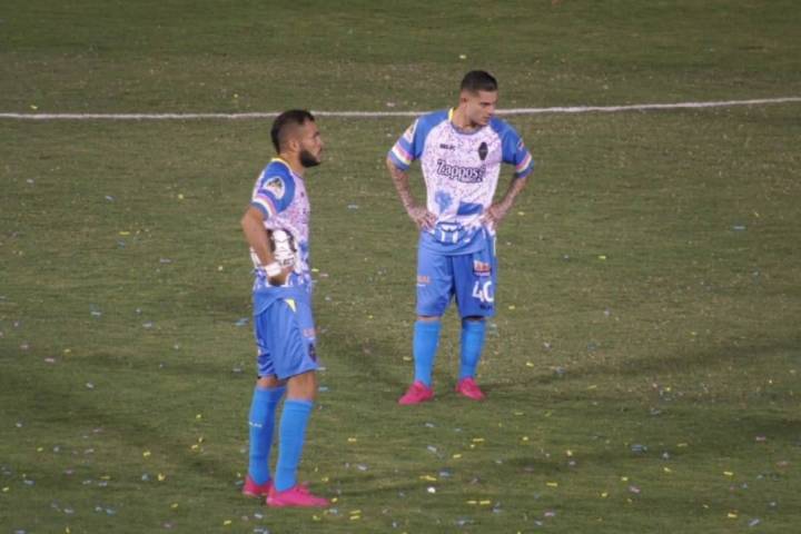 Las Vegas Lights midfielders Bryan de la Fuente (front) and Raul Mendiola (back) pause during t ...