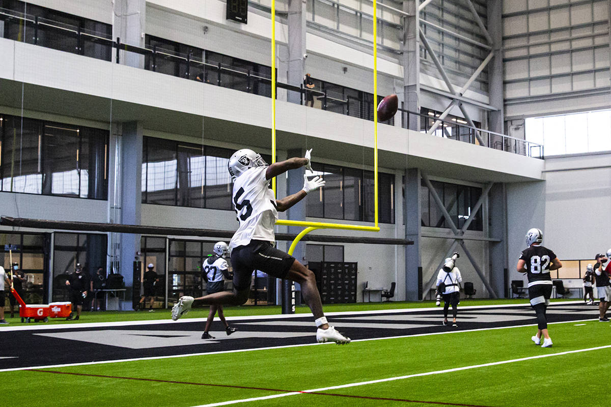 FILE--Las Vegas Raiders defensive back Ken Crawley (35) prepares to catch a ball during an NFL ...
