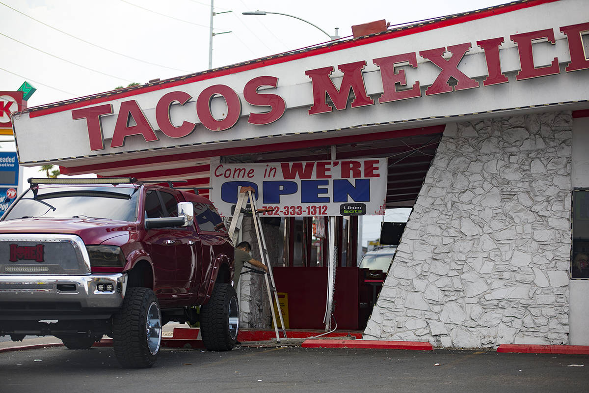A car crashed into a Tacos Mexico on Charleston Boulevard, just east of Maryland Parkway, in La ...