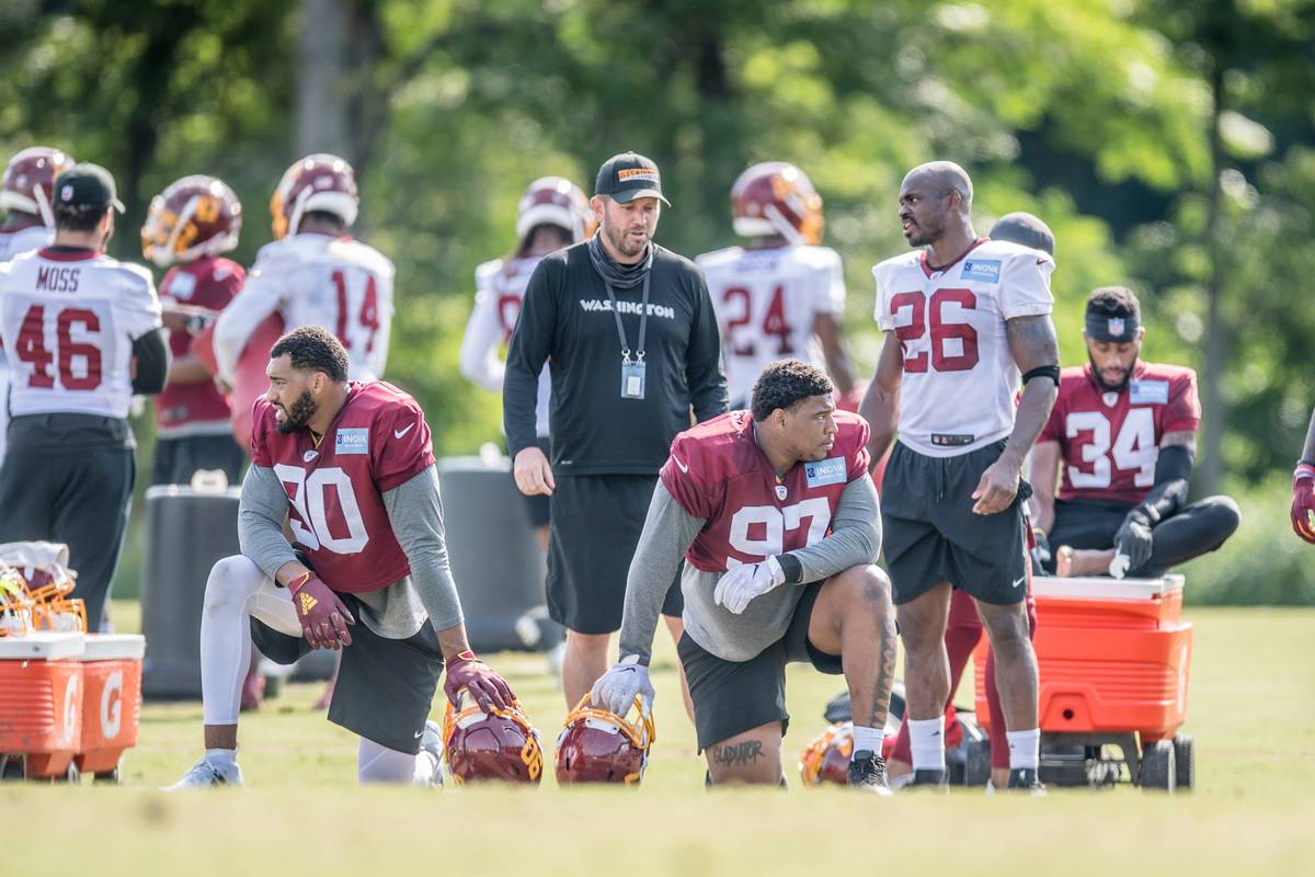 Washington offensive coordinator Scott Turner, middle, watches a recent practice. Photo courtes ...
