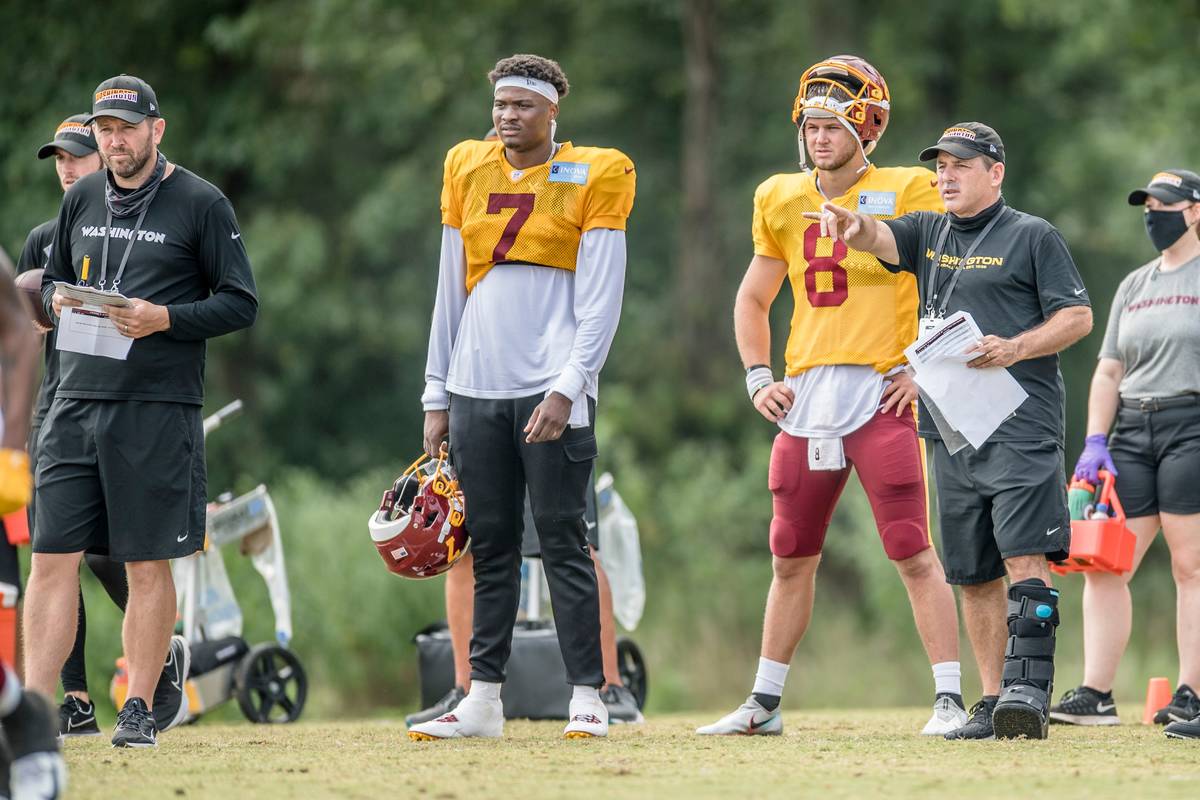 Washington offensive coordinator Scott Turner, far left, watches a recent practice next to quar ...