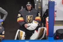 Vegas Golden Knights goalie Marc-Andre Fleury sits on the bench during the first period in Game ...