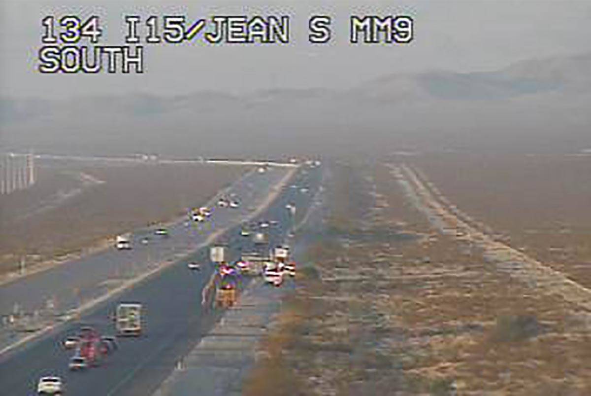 Traffic is slowed on southbound Interstate 15 near mile marker 7 between Jean and Primm about 6 ...