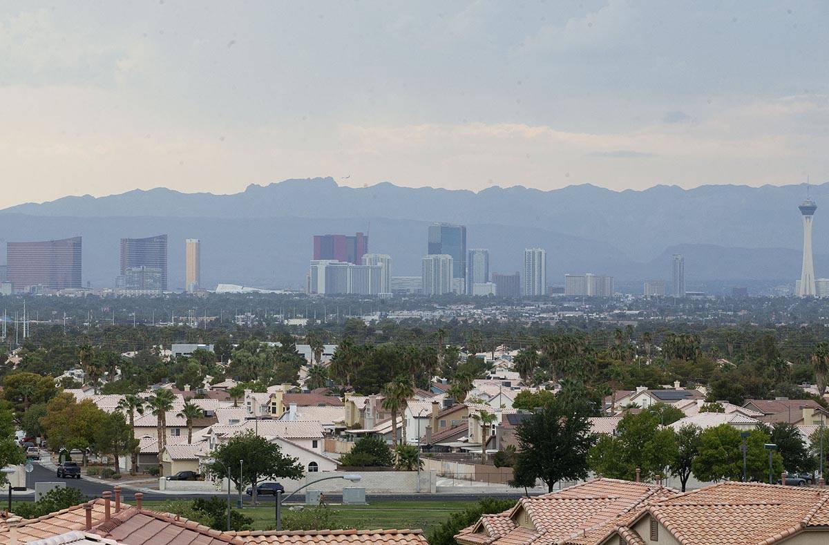 Haze from the wildfires in California lingers over the Strip as temperatures hover around 107 d ...