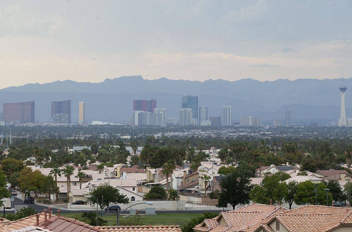 Haze from the wildfires in California lingers over the Strip as temperatures hover around 107 d ...