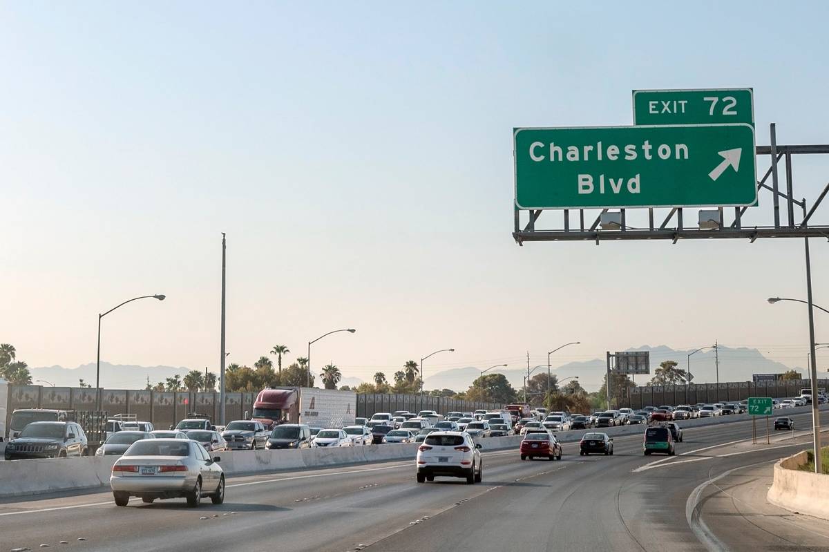 Traffic is seen on U.S. 95 northbound near Charleston Blvd., due to a multi-car crash, Monday m ...