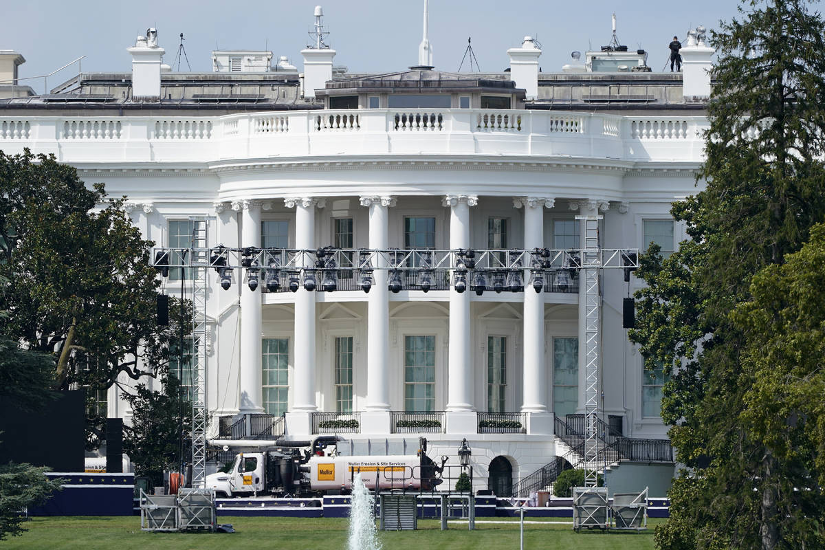 Lights and staging stand on the South Lawn of the White House, Friday, Aug. 21, 2020, in Washin ...
