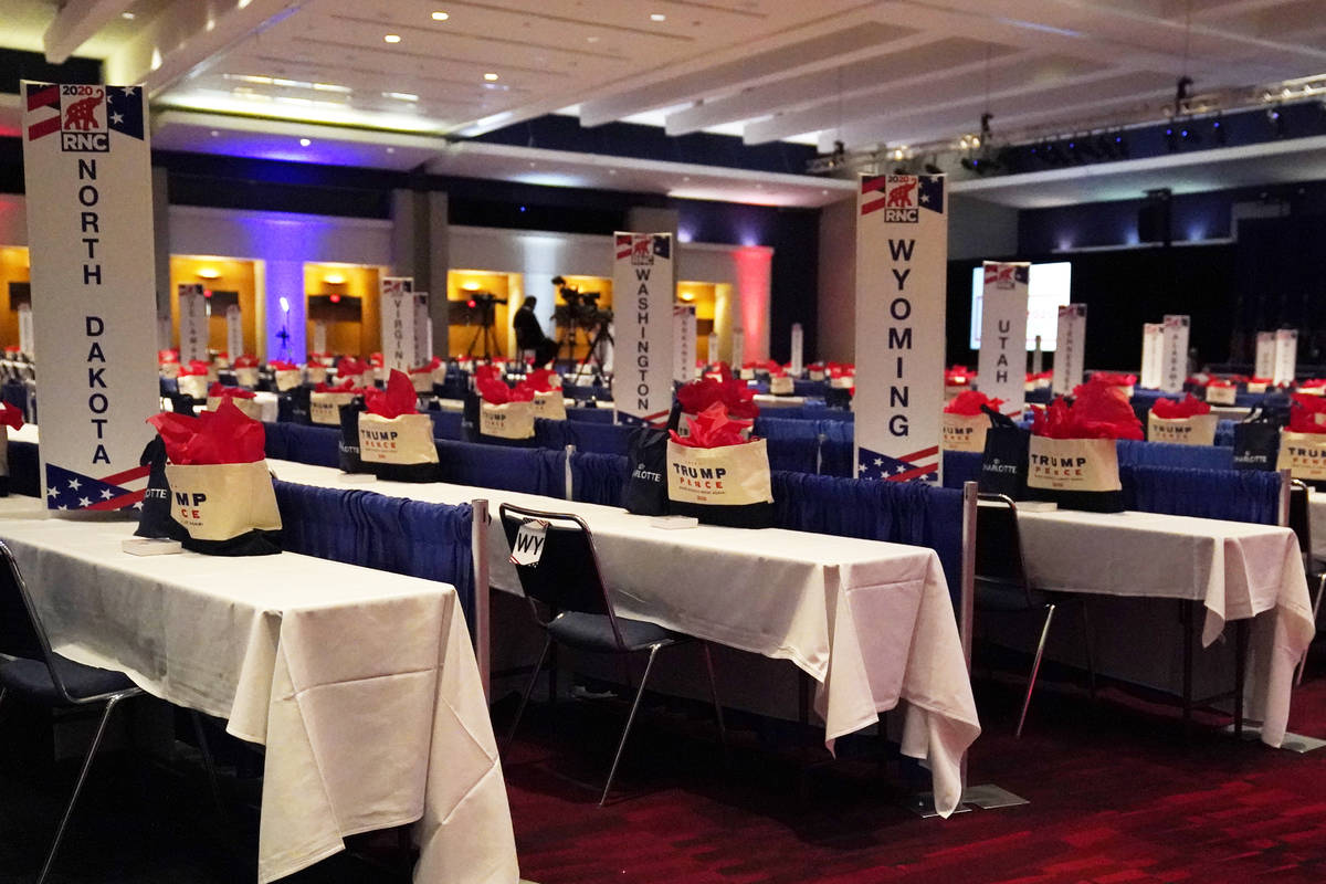 The room is set for the first day of the Republican National Convention, Monday, Aug. 24, 2020, ...