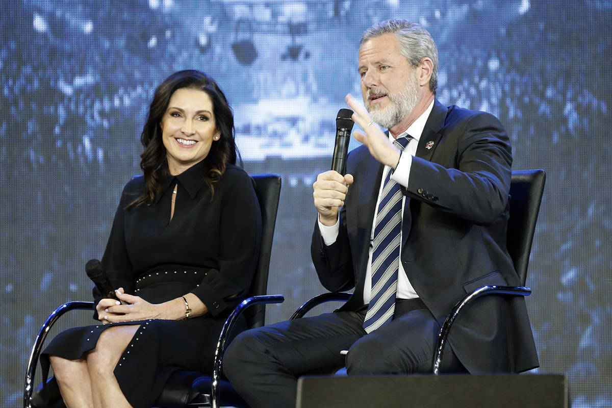 This Wednesday Nov. 28, 2018 file photo shows Rev. Jerry Falwell Jr., right, and his wife, Beck ...