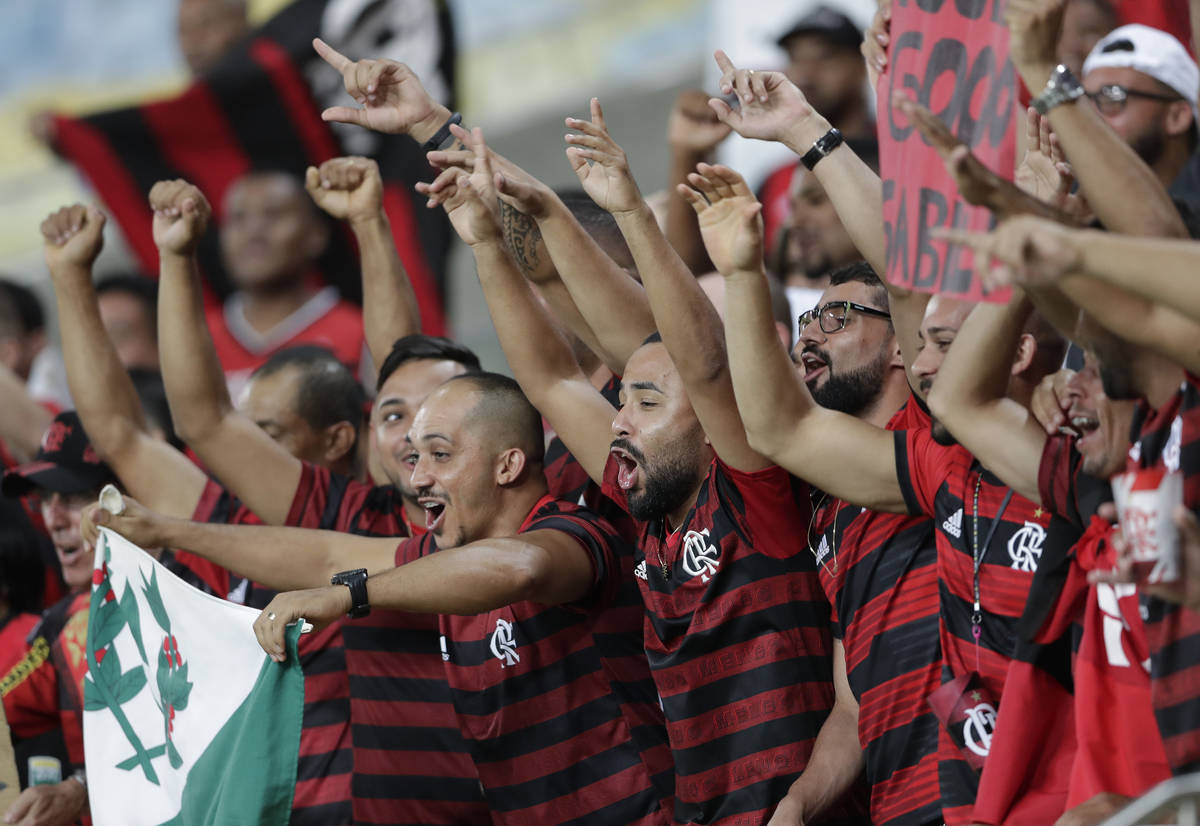 Fans of Brazil's Flamengo cheer before a Copa Libertadores soccer match against Ecuador's Barce ...