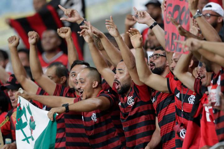 Fans of Brazil's Flamengo cheer before a Copa Libertadores soccer match against Ecuador's Barce ...