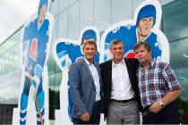 Former NHL Quebec Nordiques and brothers Anton, Peter and Marian Stastny, from left, pose durin ...