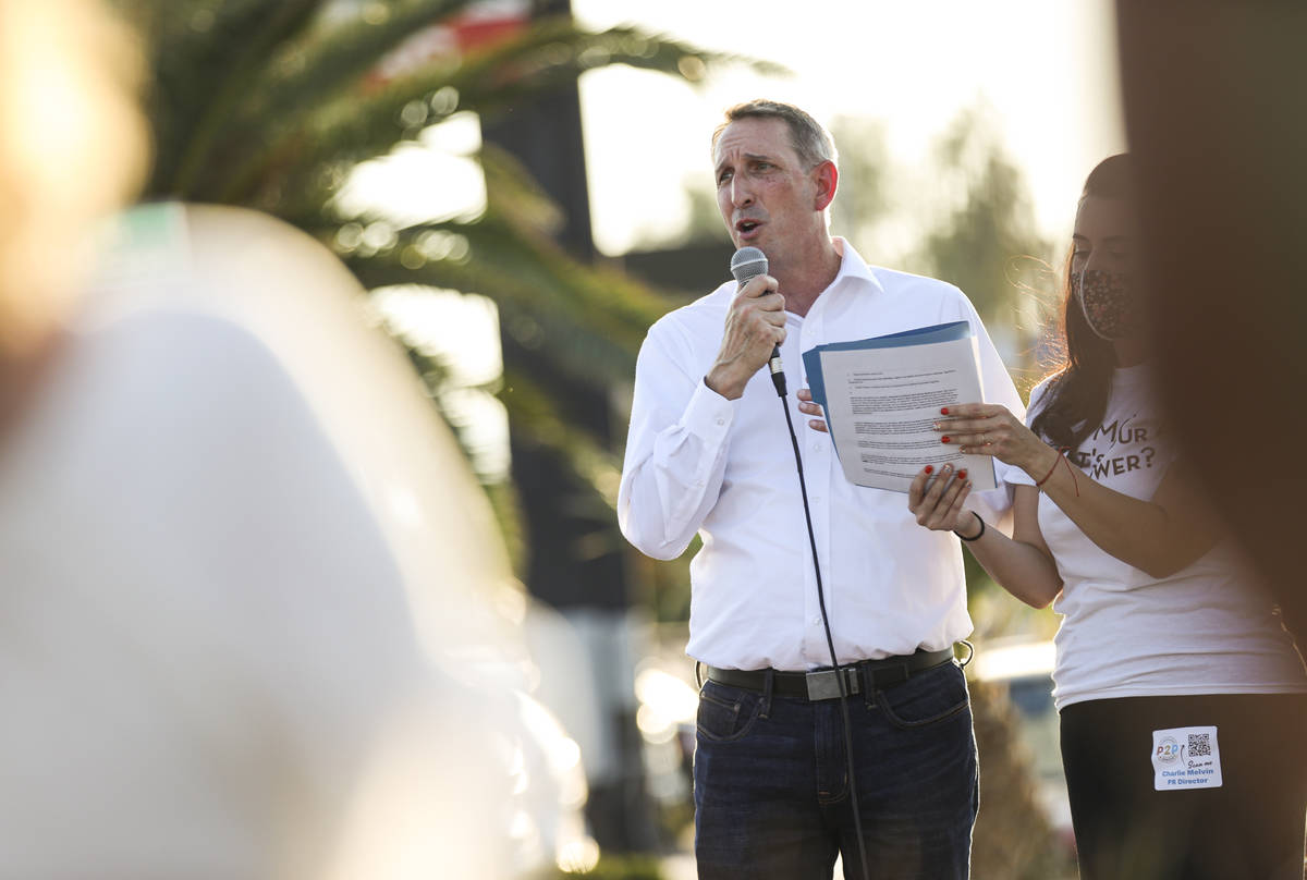 State Sen. Scott Hammond, R-Las Vegas, speaks during a demonstration in support of reopening pu ...