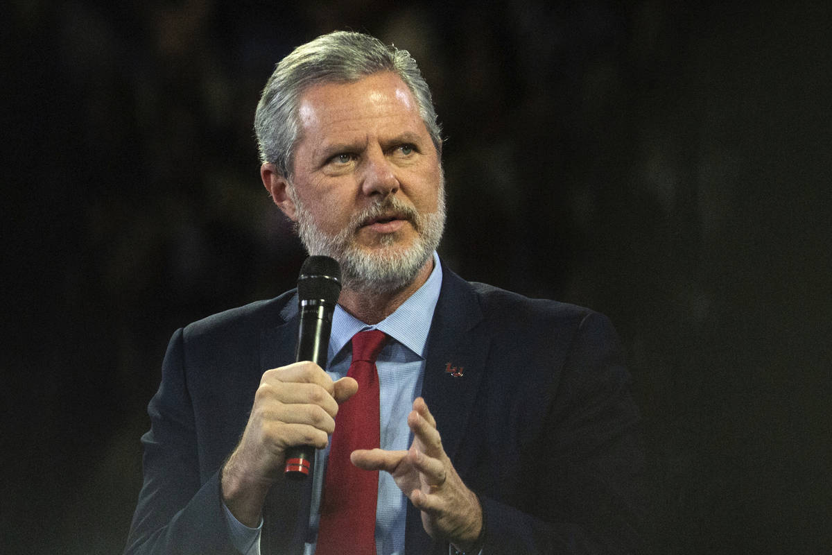 FILE - In this, Nov. 13 2019, file photo, Liberty University President Jerry Falwell Jr. talks ...