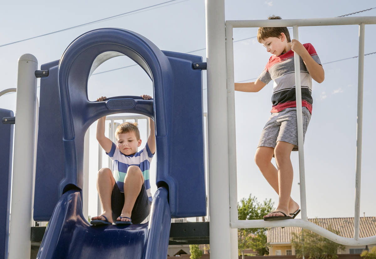 Carl Sandberg, 7, left, and Robert Sandberg, 10, play at Siena Heights Trailhead Park in Hender ...