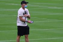 Las Vegas Raiders general manager Mike Mayock on the field prior to a team practice at Allegian ...