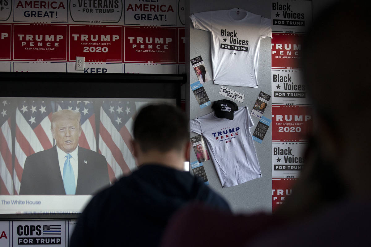 President Donald Trump speaks during the Republican National Convention as seen on screen from ...