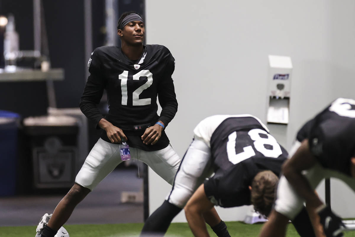 Las Vegas Raiders wide receiver Zay Jones stretches during an NFL training camp practice in Hen ...