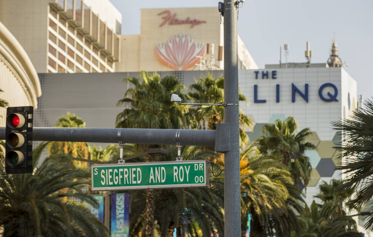 The Mirage porte cochere is renamed Siegfried & Roy Drive on Wednesday, August 26, 2020, in ...