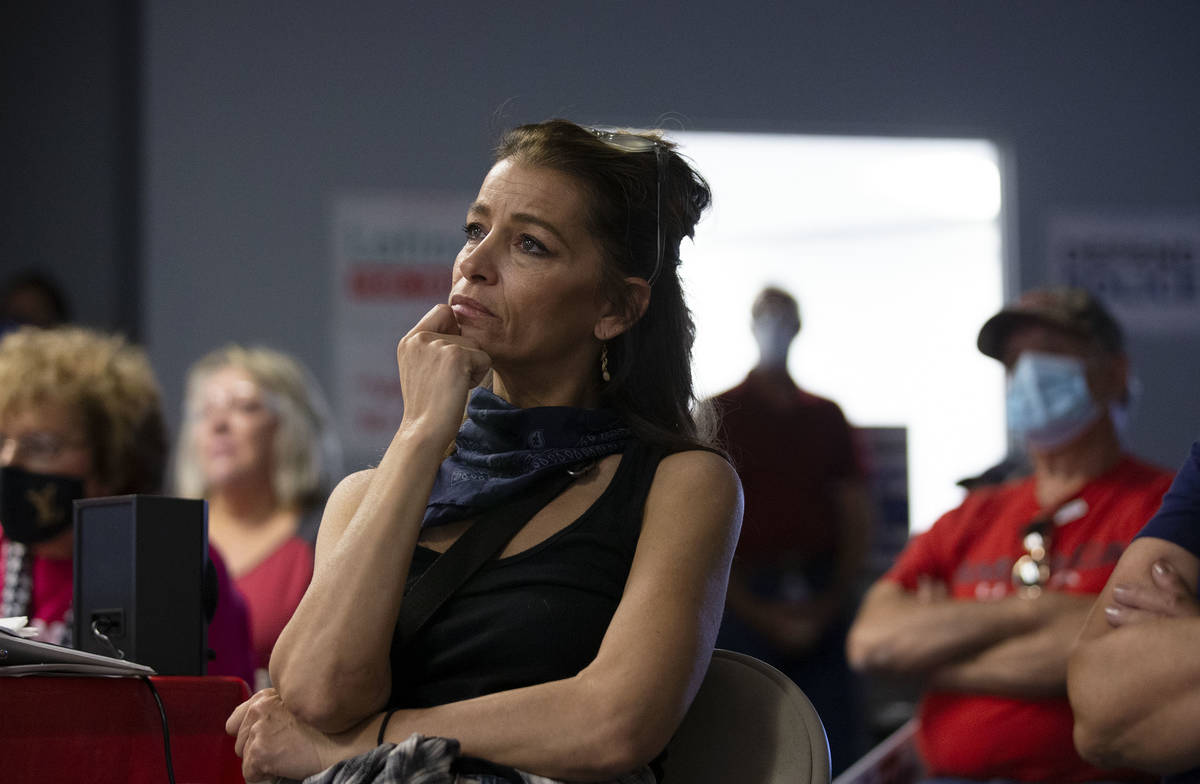 Jodi Carness of Las Vegas watches the Republican National Convention on Wednesday, Aug. 26, 202 ...
