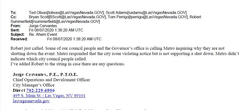A Las Vegas official emails colleagues that "the Governor's office is calling Metro inquiring w ...