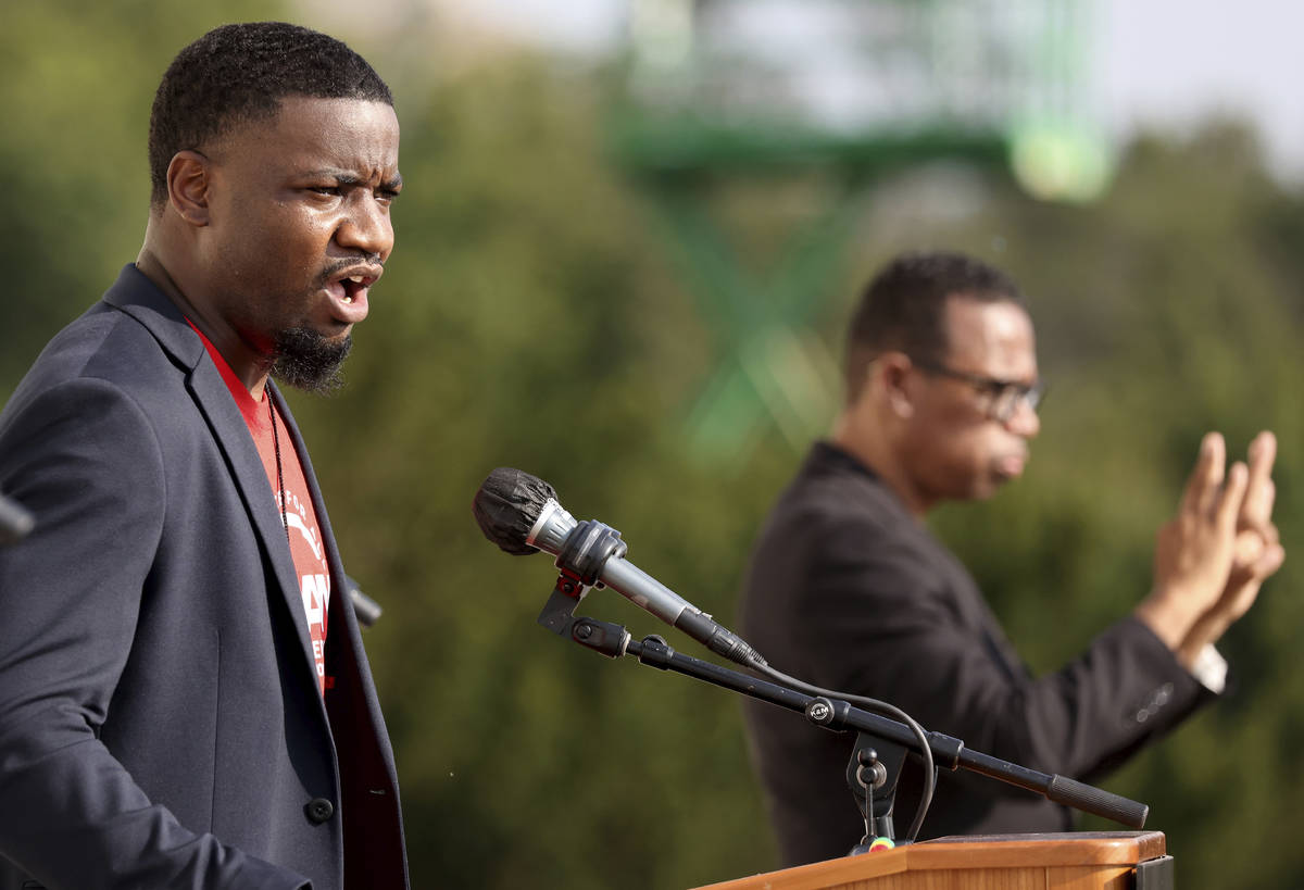 Activist Dominque Alexander of Dallas, speaks demonstrators gather at the Lincoln Memorial for ...