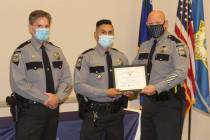 Nevada Highway Patrol trooper Rafael Rodriguez Jr. received the Medal of Valor from th ...