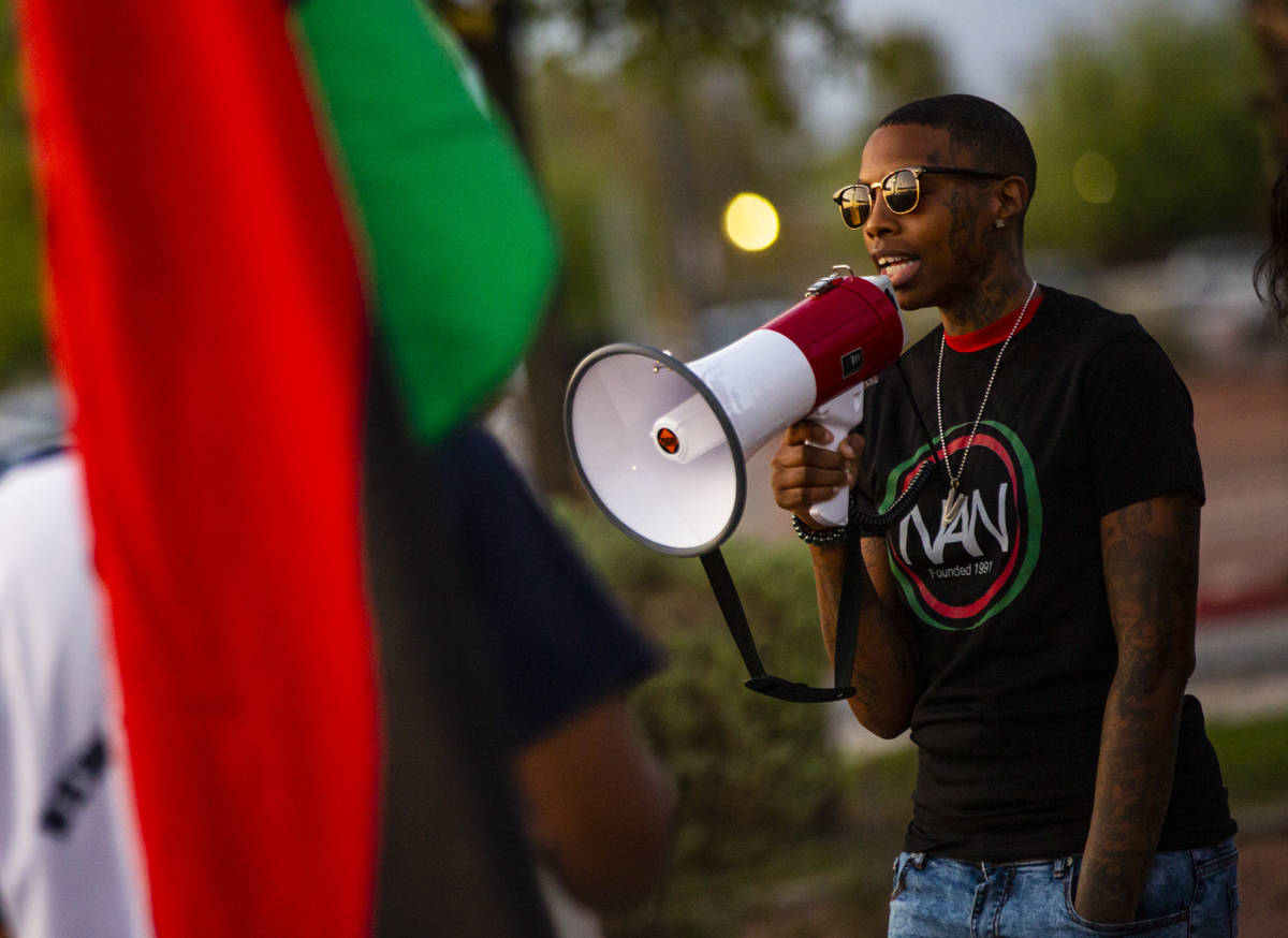Johanna "King" Perez, founder of Vegas Urban Pride, speaks during a rally against pol ...